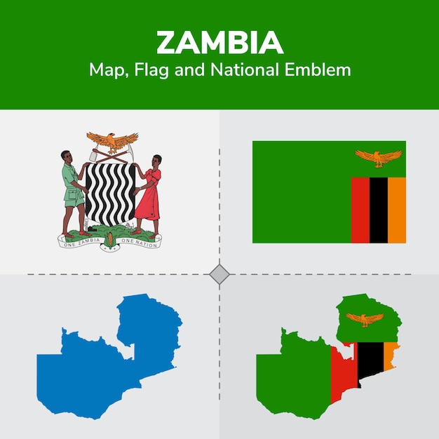 Zambia map, flag and national emblem