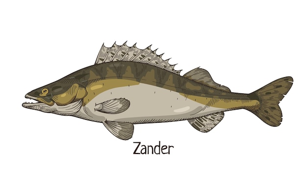 Zander pikeperch 현실적인 빈티지 드로잉 복고 스타일 측면 보기에 그려진 민물고기 강 물 동물 종 Sander lucioperca 자세한 벡터 일러스트 레이 션 흰색 배경에 고립