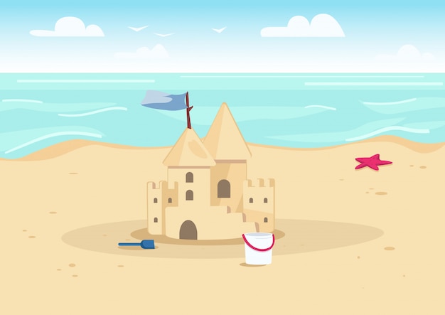 Zandkasteel op de illustratie van de strandkleur. zomervakantie entertainment voor kinderen. zandkasteel en kinderspeelgoed op het landschap van het zeekustbeeldverhaal met water op achtergrond