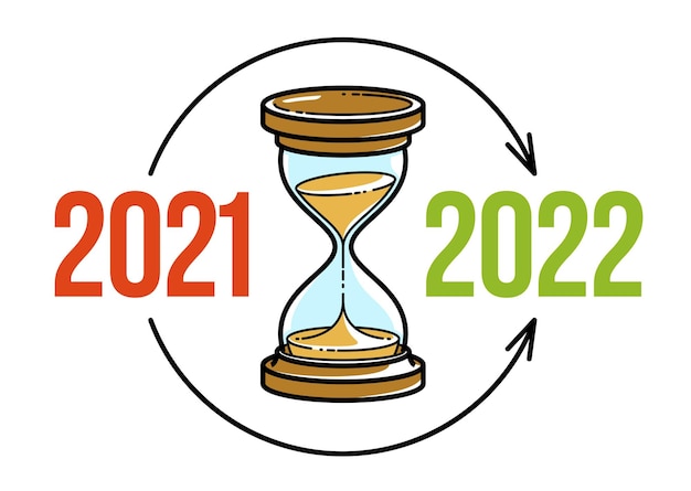 Vector zandloper zand horloge met 2021 en 2022 jaar nummers vector illustratie geïsoleerd, nieuw jaar komt concept.