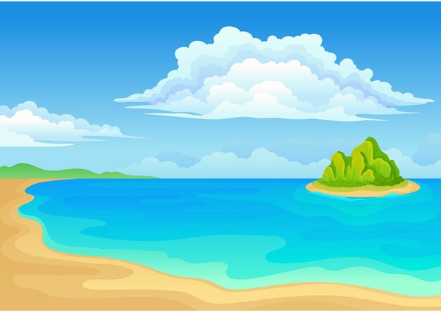 Vector zandstrand en de zee met een klein groen eiland vectorillustratie op witte achtergrond