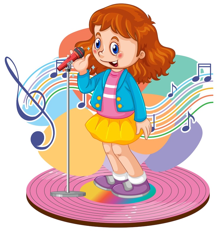 Vector zanger meisje cartoon met muziek melodie symbolen
