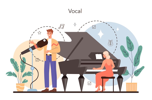 Zangerconcept uitvoerder zingt met microfoon op het podium vocale muziekshow live geluidsuitvoering vectorillustratie in vlakke stijl