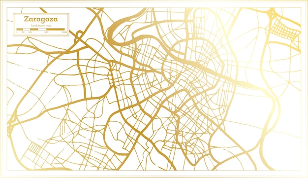 Mappa della città di saragozza in spagna in stile retrò in colore dorato. illustrazione vettoriale della mappa di contorno