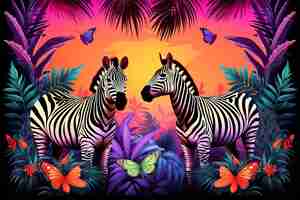 Vector zebra and bird in jungle scene frame