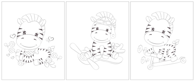 Vector zebra coloring page. set of three pages for a coloring book.