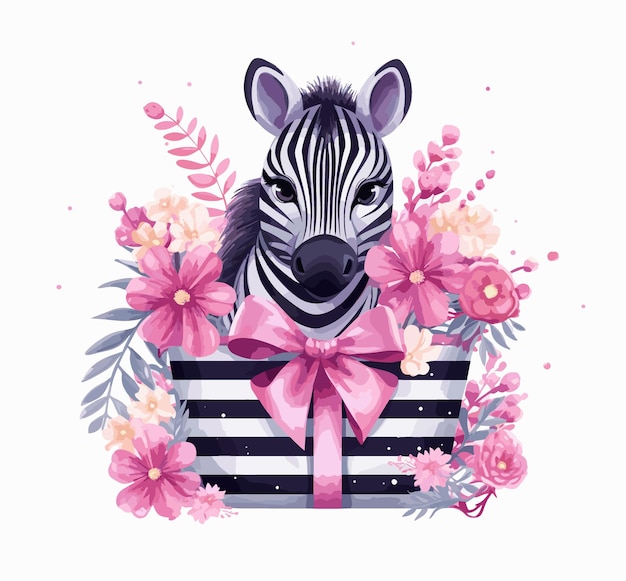 Vector a zebra in a gift box with flowers and a zebra