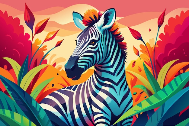 A zebra is sitting in a lush green field with colorful flowers in the background