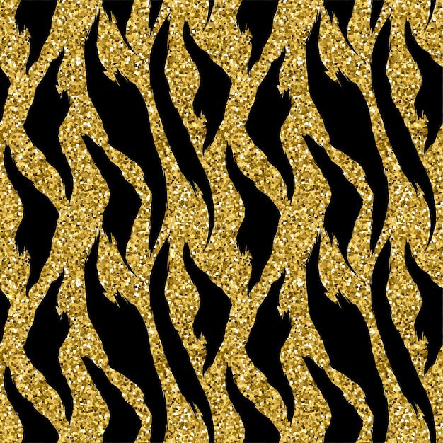 サファリ動物のための金色のキラキラ背景を持つシマウマの皮と毛皮のパターン