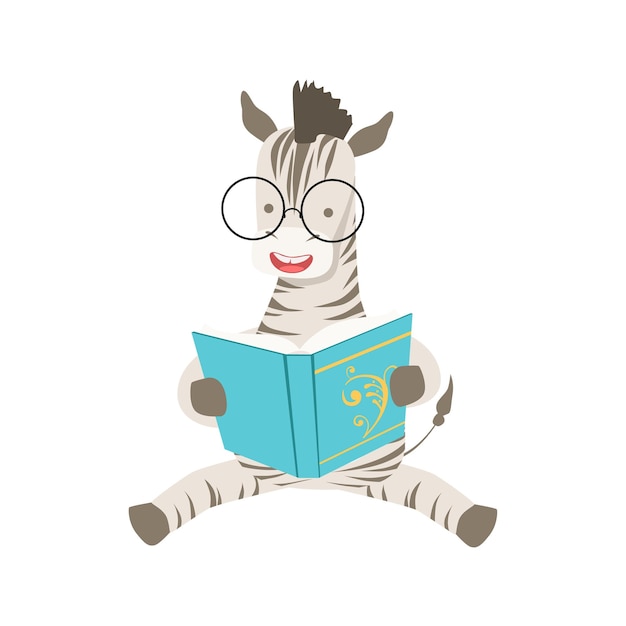 Zebra Smiling Bookworm Zoo Character Wearing Glasses And Reading A Book Cartoon Illustration Part Of Animals In Library Collection