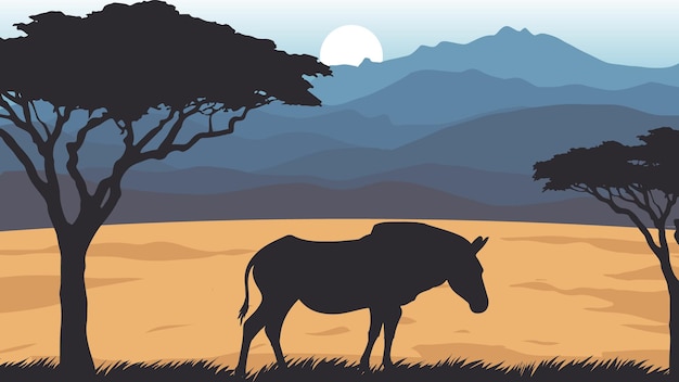 Vector zebra next to trees and mountain rage in the background at sunset or dawn