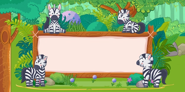 Vector zebras with a blank sign wood in the jungle