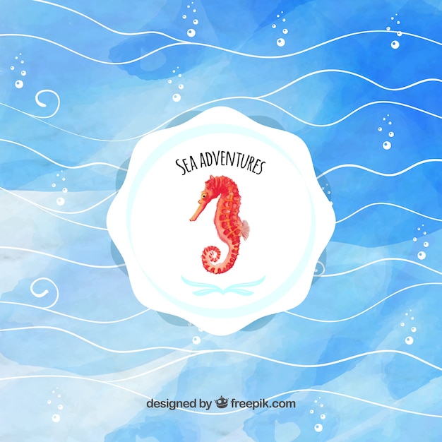 Zee aquarel achtergrond met seahorse badge