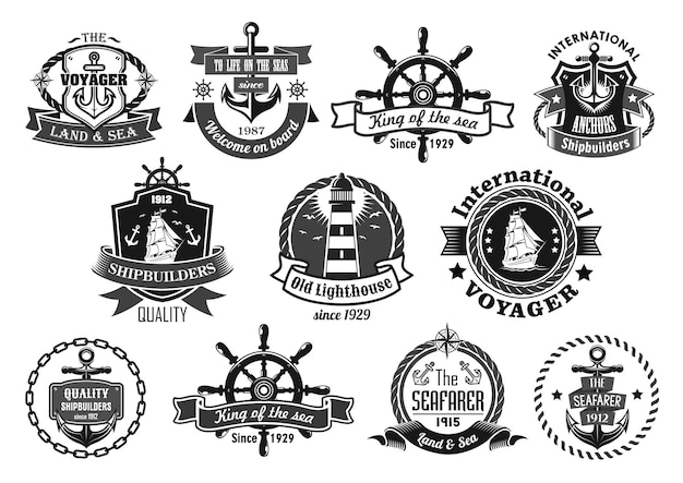 Zee embleem set met anker roer zeilschip