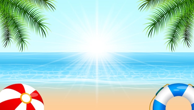 Vector zee en zand zomer landschap achtergrond met kokos blad illustratie