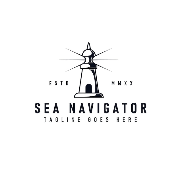 Zee navigator logo met vuurtoren illustratie. Baken logo pictogram vector illustratie.