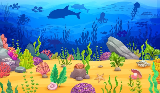 Zee onderwater landschap spel niveau kaart met boog rots en oceaan dieren silhouetten vector achtergrond Visschool in onderzees met octopus dolfijnen en kwallen in diepe oceaan voor arcade spelniveau