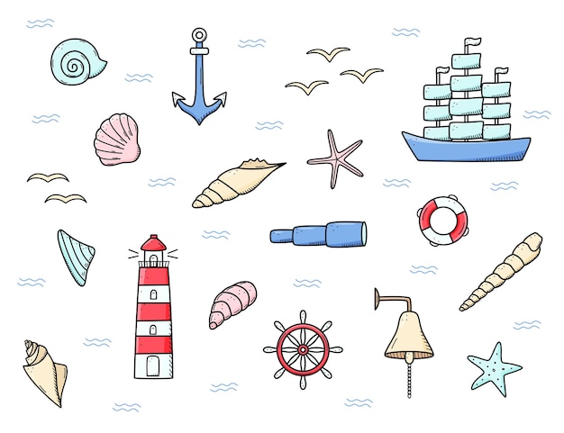 Zee set elementen iconen van zeeleven Schip telescoop schelpen reddingsboei anker stuurwiel stier vuurtoren en meeuwen Vector illustratie symbolen van matrozen of piraten