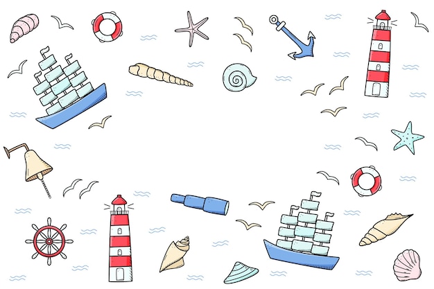 Vector zee set elementen iconen van zeeleven schip telescoop schelpen reddingsboei anker stuurwiel stier vuurtoren en meeuwen vector illustratie symbolen van matrozen of piraten