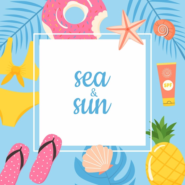 Zee vierkante kaart versierd zomer accessoires sjabloon met seizoensgebonden belettering zee en zon