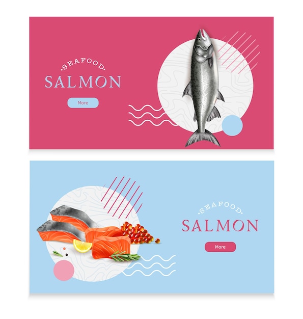 Zee voedsel geïsoleerde horizontale banners zalm vis en rode kaviaar realistische afbeeldingen