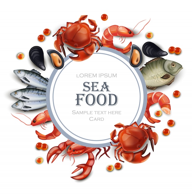 Vector zee voedsel kaart met vis en garnalen