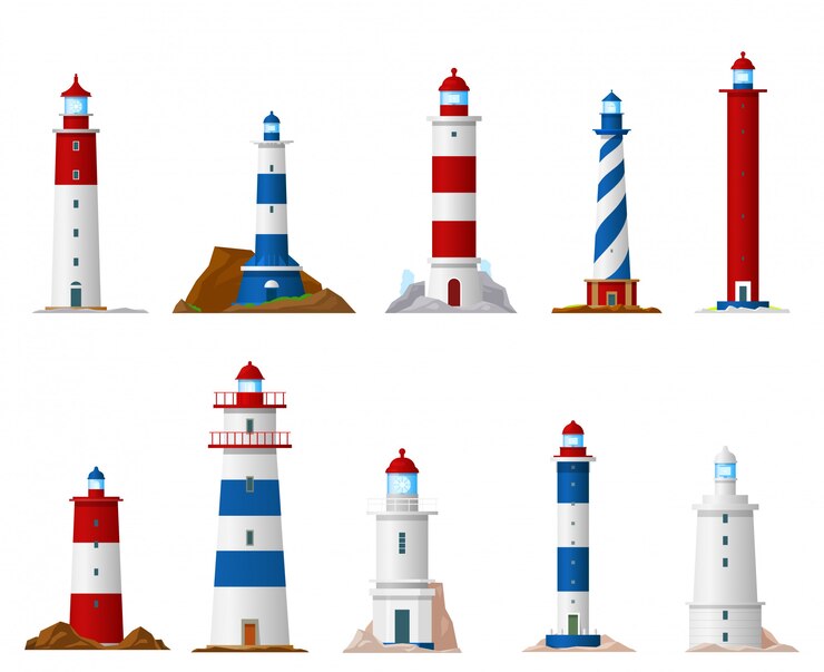 Vector zee vuurtoren iconen van nautische navigatie