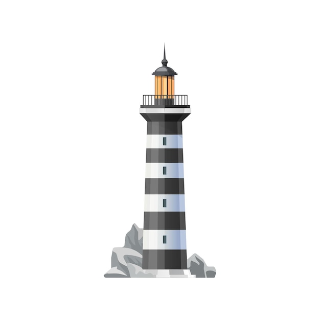 Zee vuurtoren op rotsachtige zeekust vector icon