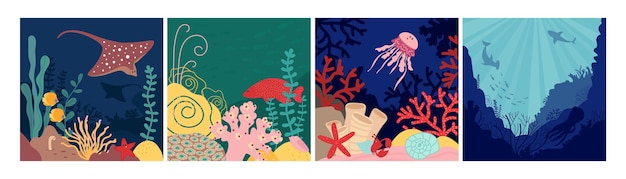 Zee wereld achtergrond. onderwaterleven, natuurlijke vissen in aquarium. nautisch landschap met cartoon shell, wilde oceaan natuur fatsoenlijke vector set