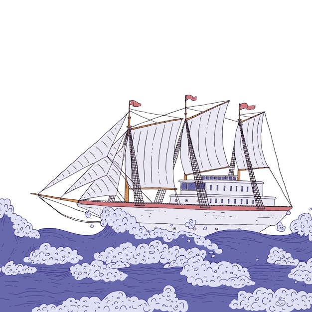 Vector zee zeilboot op de golven modern schip met zeilen doodle schets geïsoleerde illustratie