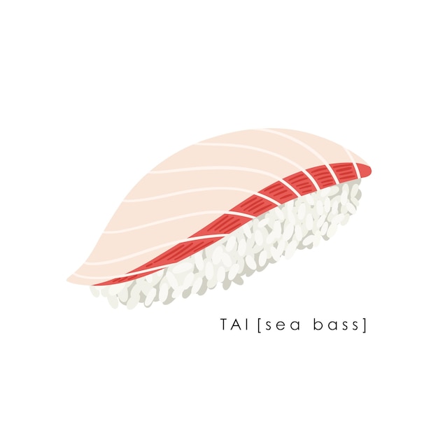 Zeebaars sushi nigiri op witte achtergrond. Tai nigiri. Traditioneel Japans eten. Vector clipart.