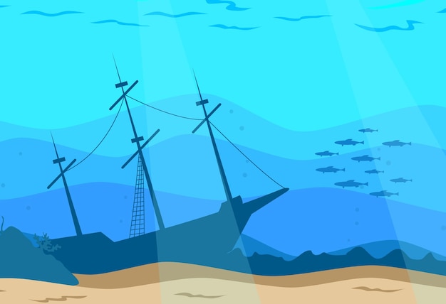 Zeebedding. Onderwaterwereld. Gezonken schip en school vissen. Cartoon-stijl