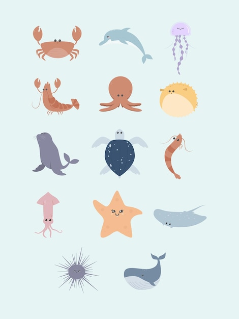 Zeedieren Illustratie Set