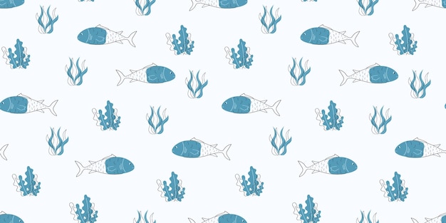 Zeedieren walvis kwallen ramp koraal dieren zee vissen Doodle vector naadloos patroon
