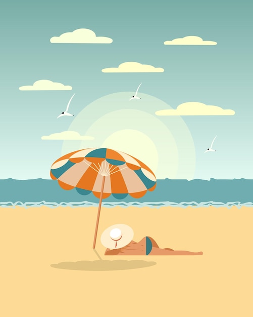 Zeegebied jonge vrouw in een bikini onder een paraplu op het zeestrand Zomer illustratie vector