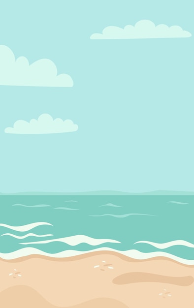Zeegebied zanderige kustlijn met zachte golven en hemel met wolken Vector illustratie Verticale poster achtergrond met mariene natuur