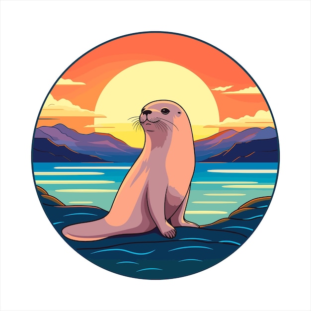 Zeehond Kleurrijke cartoon Kawaii Karakter Strand zonsondergang Dier Huisdieren Sticker Geïsoleerde illustratie