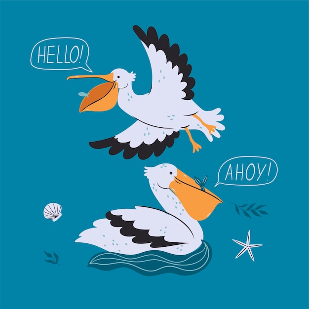 Zeekaart met schattige pelicanso op blauwe backgroundvector graphics