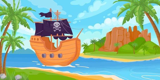 Zeelandschap met tropisch schateiland en varend piratenschip. cartoon kinderen mariene avontuur spel achtergrond. piratenboot vector scene