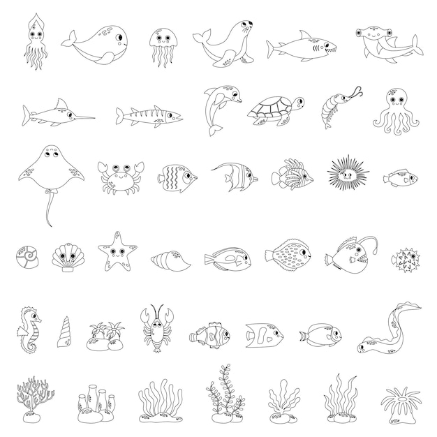 Vector zeeleven dierencollectie zwart-wit kleurset