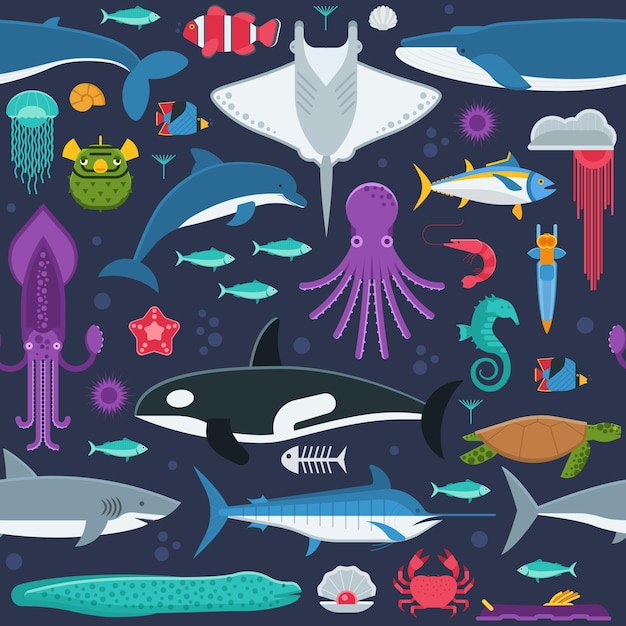 Vector zeeleven patroon met verschillende zeedieren onderwater wezens aquatische naadloze achtergrond
