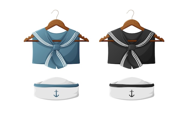 Zeemanskraag aan een hanger en witte hoed in klassiek blauw en zwart met anker marine-kleding