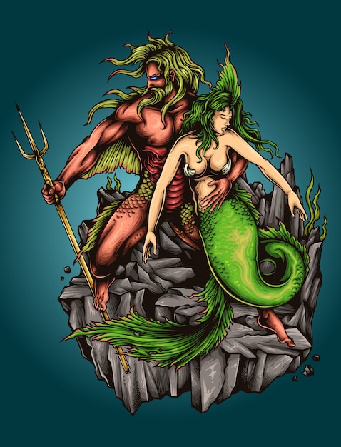 Vector zeemeermin en fishman god poseidon mythology