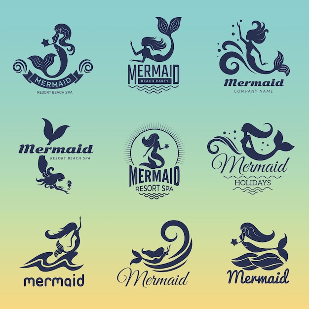 Zeemeermin logo Marine zwem sprookjes vrouwen oceaan symbolen vector badges collectie