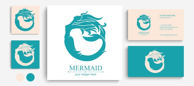 Zeemeermin logo Merk sjabloon vectorillustratie Sirene en mariene meisje met een staart Hand getrokken vectorillustratie voor logo en poster