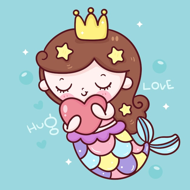 Zeemeermin prinses cartoon knuffel hart kawaii illustratie