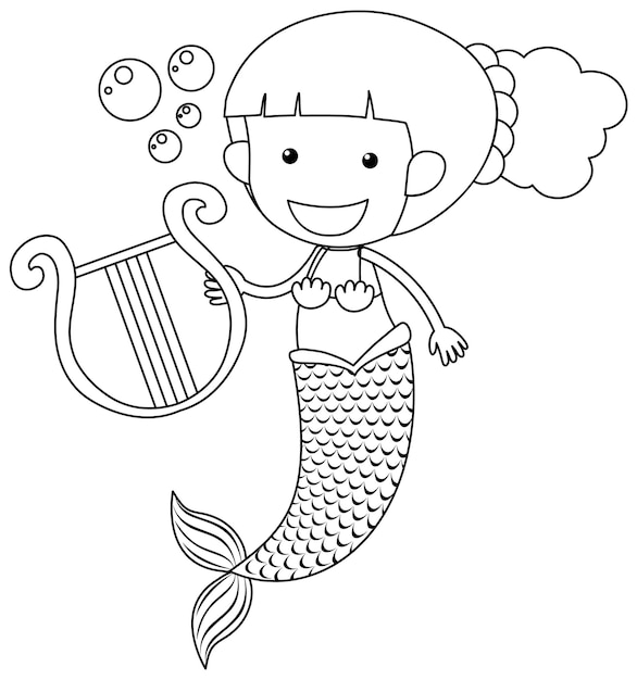 Zeemeermin speelt de harp zwart-wit doodle karakter
