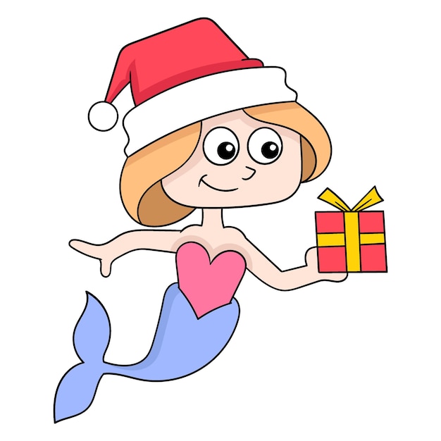 Zeemeermin viert Kerstmis en brengt geschenken doodle pictogramafbeelding kawaii