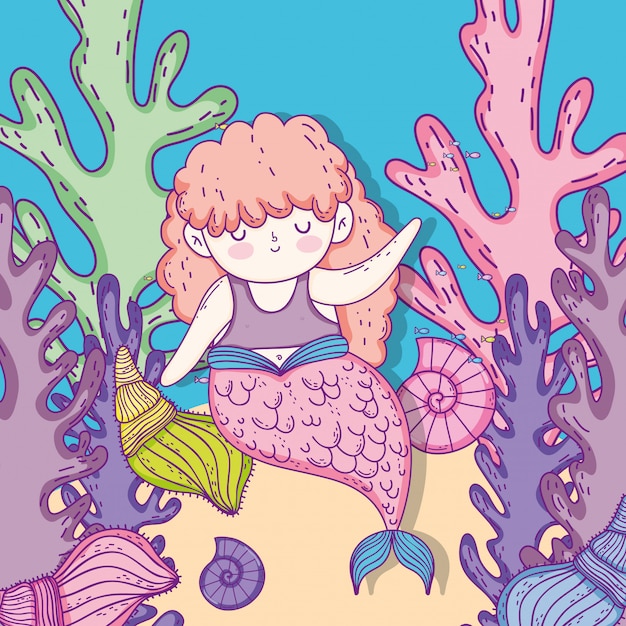 Zeemeermin vrouw met schelpen en zeewier planten