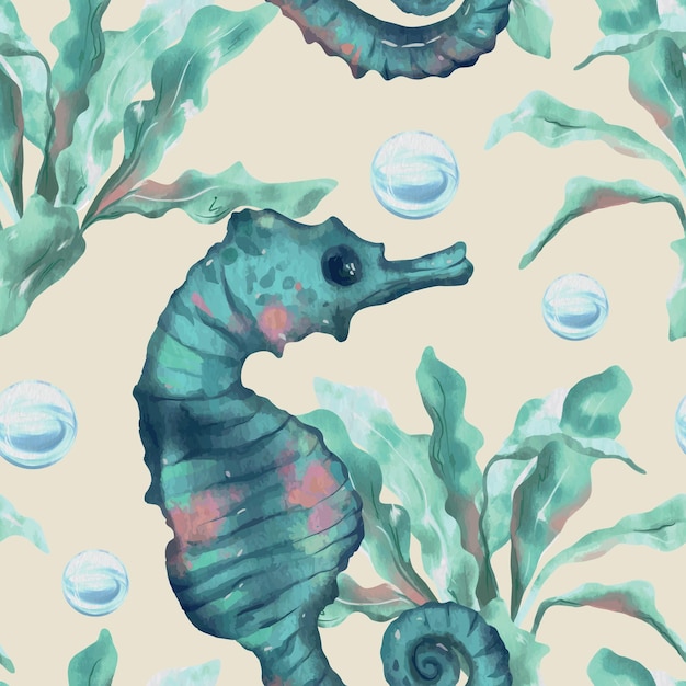 Zeepaard algen Zeemateriaal naadloos patroon aquarel bedekt stof verpakkingspapier behang textiel
